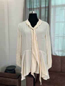 ZARA Soft Ivory Tie-Neck Sheer Blouse