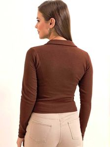 Brown Ribbed Long Sleeve Collared Top