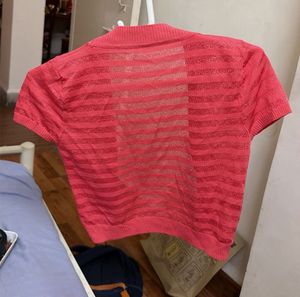Coral Striped Cropped Cardigan