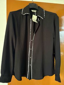 Black Button-Up Shirt with Scalloped Trim