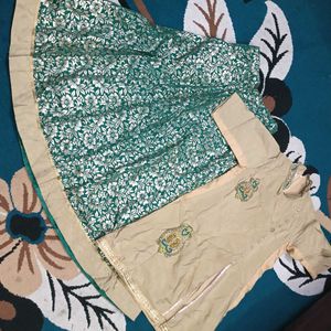 Elegant Beige Kurta with Green Skirt Set