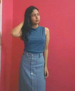Classic Light Wash Denim Midi Skirt