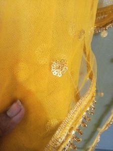 Yellow Net Dupatta with Sequins &amp; Tassels