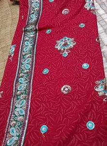 Red Embroidered Saree with Sequins