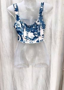 I. Blue &amp; White Botanical Print Crop Top