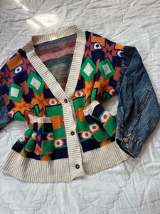 Unique Geometric &amp; Denim Cardigan