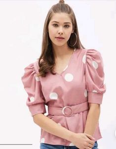 Pink Polka Dot Puff Sleeve Top with Belt