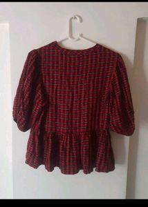 Red Plaid Peplum Blouse