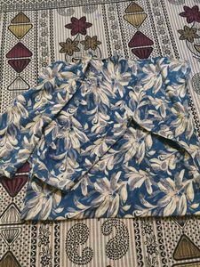 Blue Floral Print Kurta with Embellished Neckline