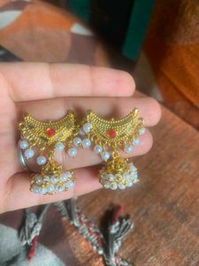 Gold Tone Jhumka Earrings with Pearls &amp; Red Stones