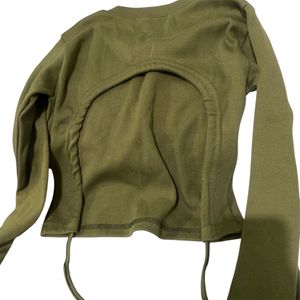 Olive Green Long Sleeve Wrap Crop Top