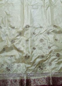 Cream &amp; Maroon Embroidered Silk Saree