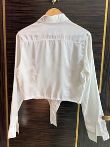 Elegant White Ruffled Satin Shirt