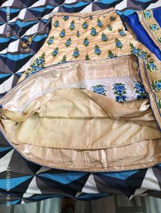 Beige Lehenga Choli with Blue Floral Embroidery