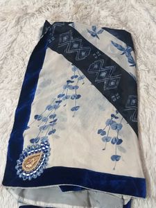 Blue Floral Saree with Velvet Border