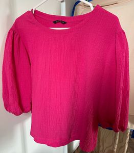 Hot Pink Textured Puff Sleeve Top