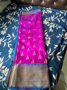 Vibrant Rani Pink Saree with sky blue blouse