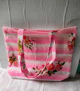 Pink Floral Striped Tote Bag