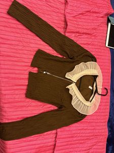 Ruffled Collar Zip-Up Top