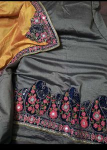 Embroidered Yallow and charcoal Saree