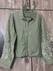 Green Button-Up Shirt with Floral Print