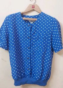 Blue Polka Dot Short Sleeve Button-Up Top
