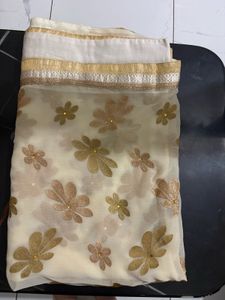 Elegant Ivory Gold Floral Organza Saree