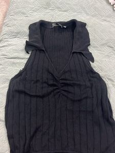 Black Ribbed Collared Halter Top