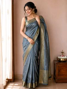 Elegant Grey Saree with Golden Motifs