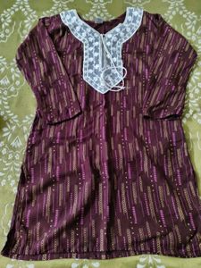 Maroon Printed Kurta with White Neckline