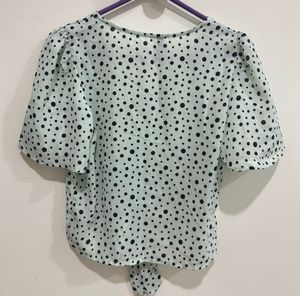Polka Dot Tie-Front Blouse – Short Flutter Sleeve