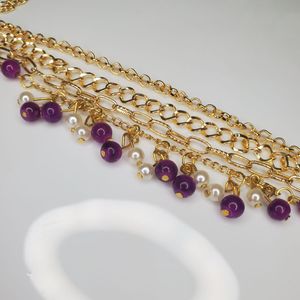 four layer Gold Chain Bracelet with Purple Beads