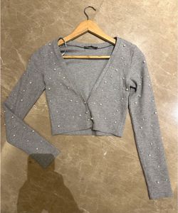 ZARA Grey Pearl Embellished Woolen Shrug