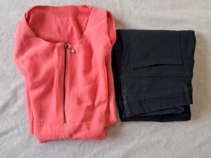 Coral Zip-Up Top &amp; Black Jeans Set