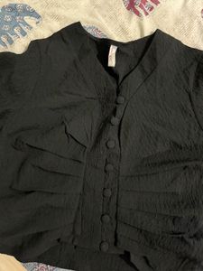 Black Textured Button-Up Top