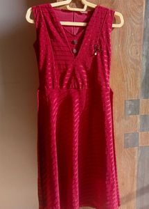 Deep Maroon A-Line Party Dress with Brooch Detail