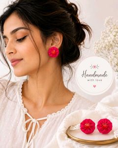 Charming Red Fabric Flower Stud Earrings