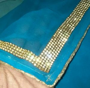 Rama Green Saree With Golden Jurkan Lace And Wit
