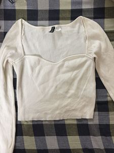 Ribbed Knit Cream Long Sleeve Top