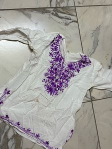 White Kurta with Purple Embroidery
