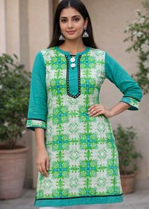 Green &amp; White Printed Kurta