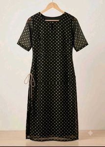 New Elegant Black Kurta with Silver Polka Dots