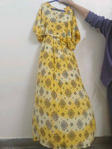 Yellow Printed Cape Maxi Dress