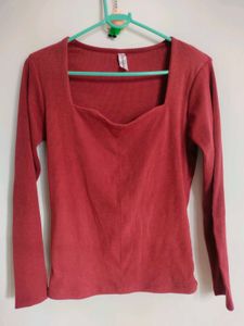 Red Square Neck Long Sleeve Top