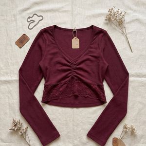 Maroon Ribbed Lace Trim Crop Top