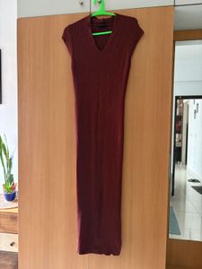 Wardrobe Maroon Striped Bodcon Dress with Belt