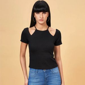 SF Jeans Co Black Ribbed Cut-Out Shoulder Top | XL