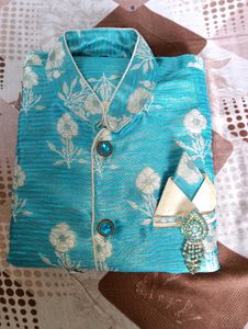 Teal Blue Kurta Set with Floral Print