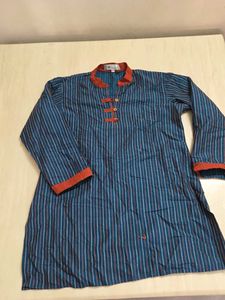 Blue Striped Kurta with Orange Accents