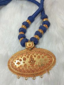 Blue Thread Necklace with Oval Pendant